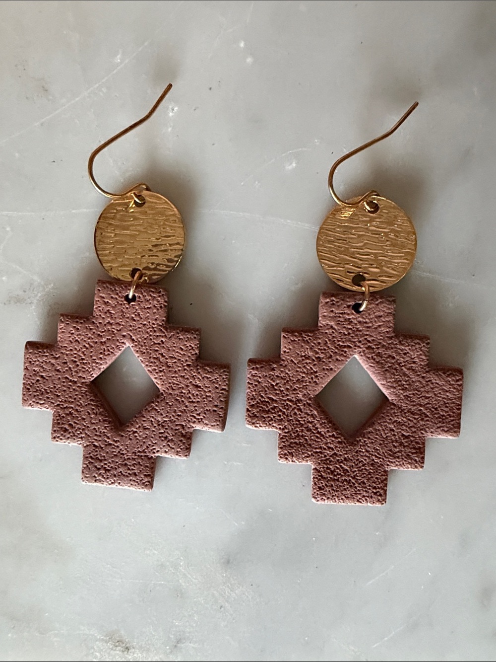 Gold and Mauve Geometric Clay Drop Earrings - Mauve